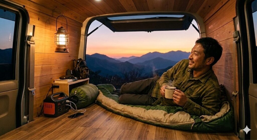 フルフラットにカスタムしたエブリイワゴンの車内でリラックスする40代男性。ソロキャンプ・車中泊のイメージ。