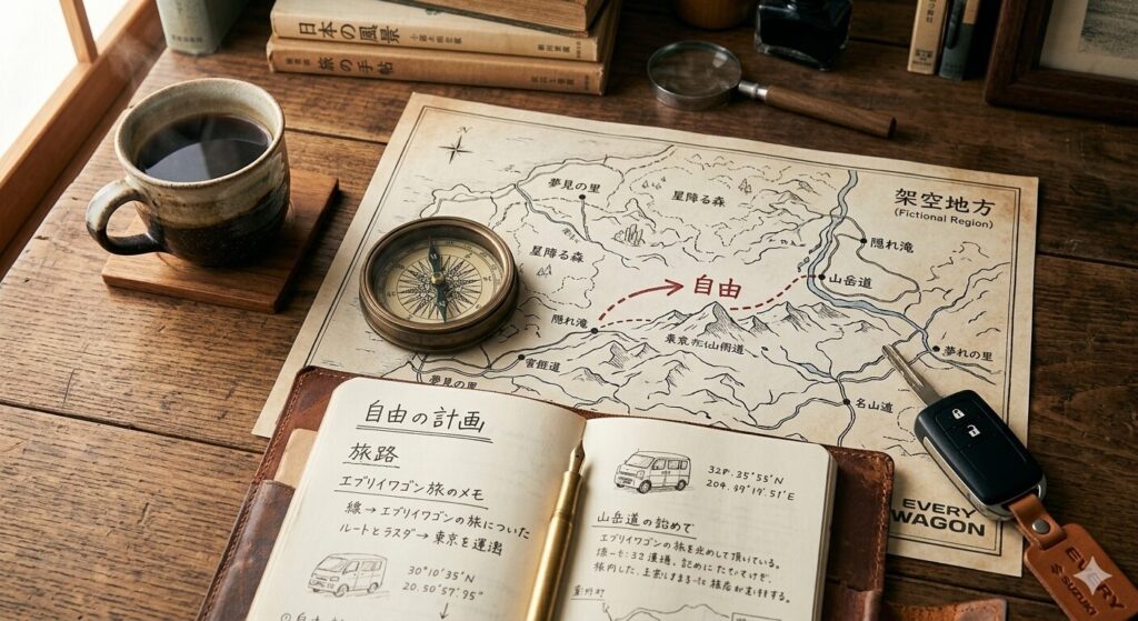 コンパス、地図、エブリイワゴンの鍵。危機管理コンサルタントが導く人生の羅針盤のイメージ。