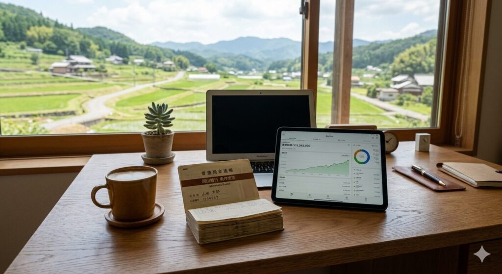 貯金通帳と穏やかな風景。現金の安心感がもたらす心の余裕