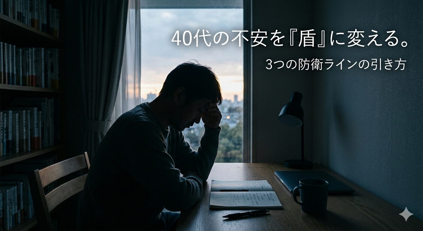 夜明け前にデスクで悩み解決のヒントを探す40代男性と生活防衛のタイトル