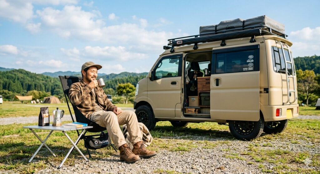 カスタムしたエブリイワゴンの横でリラックスしてコーヒーを飲む40代男性
