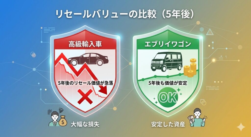 輸入車とエブリイのリセールバリュー(5年後の価値)の比較図解。生活防衛の盾。
