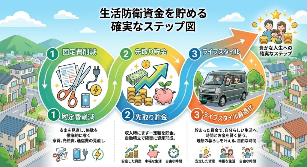 固定費削減と先取り貯金で資産の盾を作る3ステップのイラスト